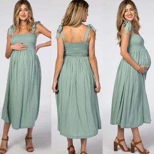 PINKBLUSH Mint Green Smocked Tie Strap Maternity Midi Dress